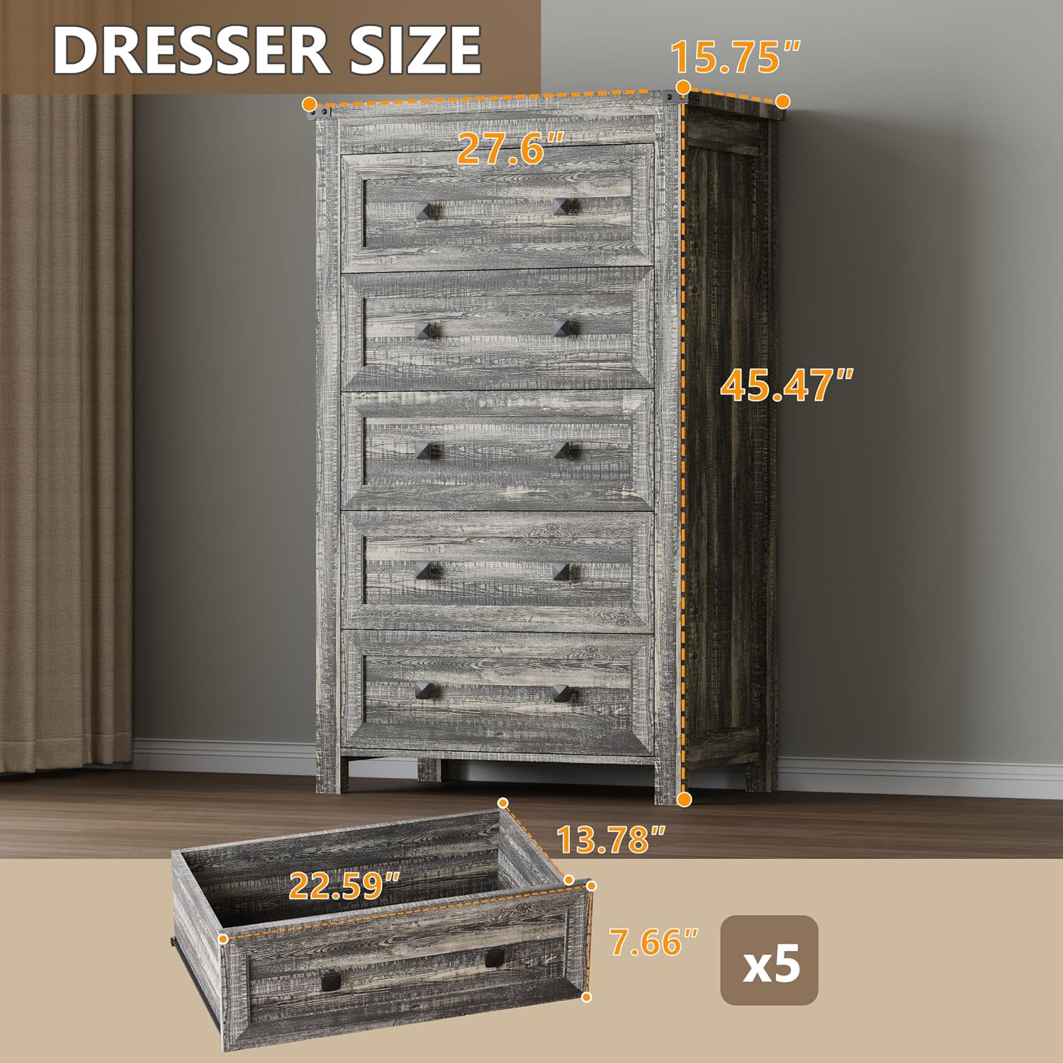 BORNOON Tall 5-Drawer Dresser, Modern Wooden Storage Chest of Drawers, Dresser TV Stand, Wood Drawer Organizer with Metal Handles for Bedroom, Living Room, Hallway