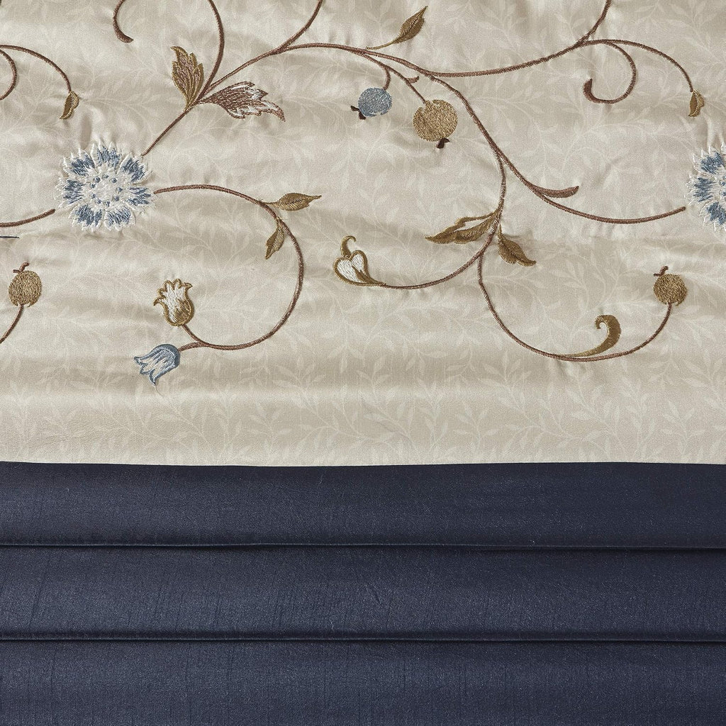 Madison Park Serene Faux Silk Comforter Set - Floral Embroidery Design, All Season Bedding Set, Matching Bed Skirt, Decorative Pillows, Navy Cal King(104'x92') 7 Piece