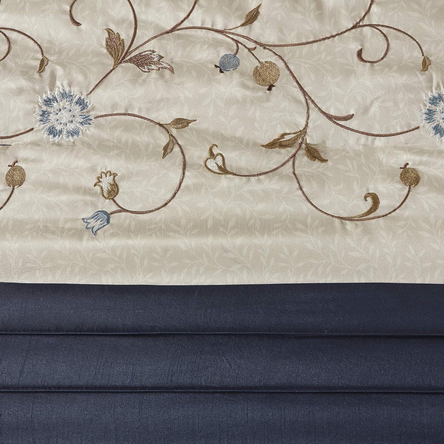 Madison Park Serene Faux Silk Comforter Set - Floral Embroidery Design, All Season Bedding Set, Matching Bed Skirt, Decorative Pillows, Navy Cal King(104'x92') 7 Piece