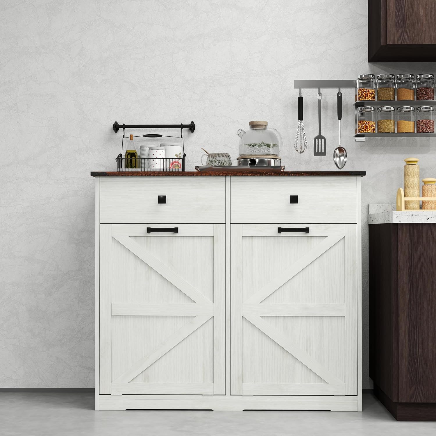 Farmhouse Double Tilt-Out Trash Cans for 2×10 Gallon Bins, Barn Door Style Recycling Cans w/ Hideaway Drawer, Free-Standing Kitchen Garbage Bin Holder, Laundry Sorter Cabinet w/ Tilt-Out Design.