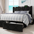 GalnFu Full Size Bed Frame with 4 Large Storage Drawers, Upholstered Platform Bed with Charging Station, Modern Wingback Storage Headboard, Easy Assembly,Noise-Free, Black