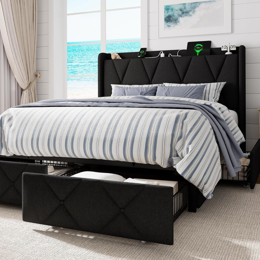 GalnFu Queen Bed Frame with 4 Storage Drawers, Upholstered Platform Bed with Charging Station, Modern Wingback Storage Headboard, Easy Assembly,Noise-Free, Black