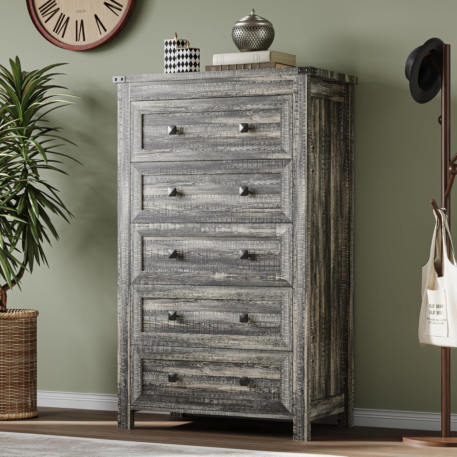 BORNOON Tall 5-Drawer Dresser, Modern Wooden Storage Chest of Drawers, Dresser TV Stand, Wood Drawer Organizer with Metal Handles for Bedroom, Living Room, Hallway