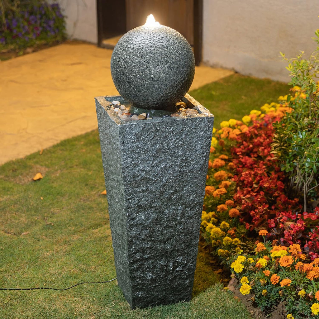 Glitzhome Outdoor Water Fountain with LED Light, Oversized Modern Sphere Pedestal Water Fountain with Submersible Pump, Outdoor Fountains Garden Waterfall for Patio Deck Porch, 40.25' H