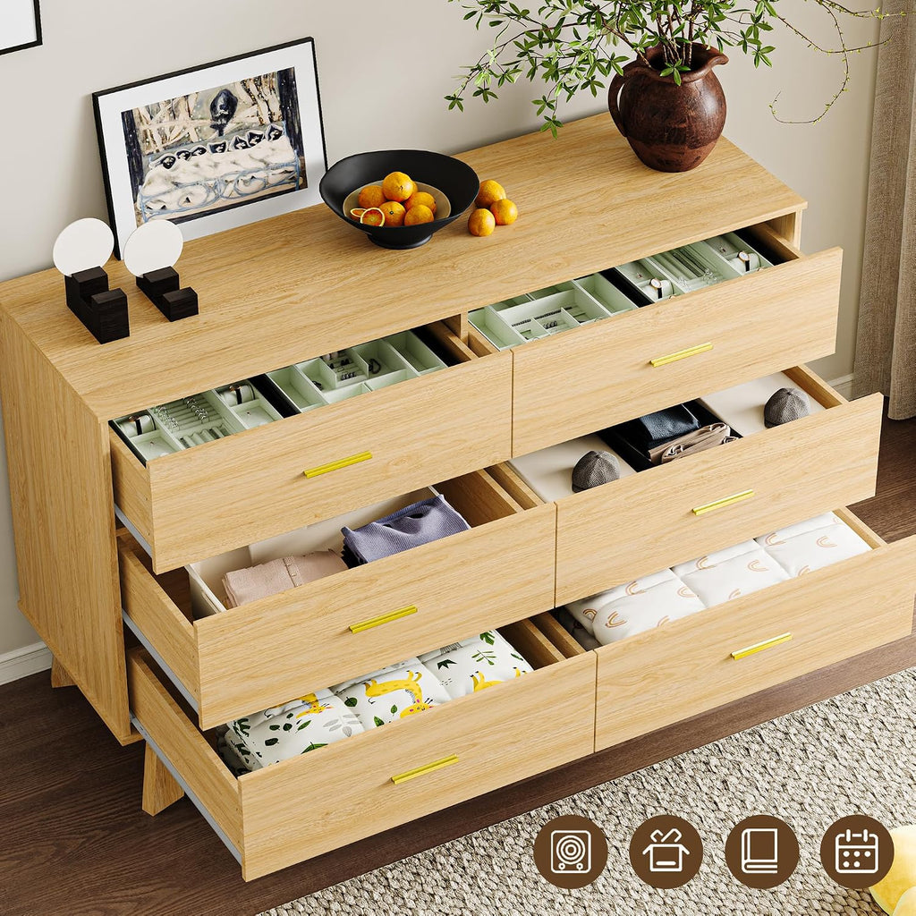 BORNOON Dresser for Bedroom with 6-Drawer, 47.2' Modern Chest of Drawers with Metal Handles, X-Shape Base & Adjustable Center Leg, Anti-Tip Closet Organizers and Storage
