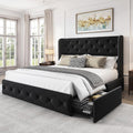 LARMACE Full Size Bed Frame with 4 Storage Drawers and Wingback Headboard Velvet Upholstered Platform Bed Frame Tufted Beds with Wooden Slats Support, Easy Assembly, Black