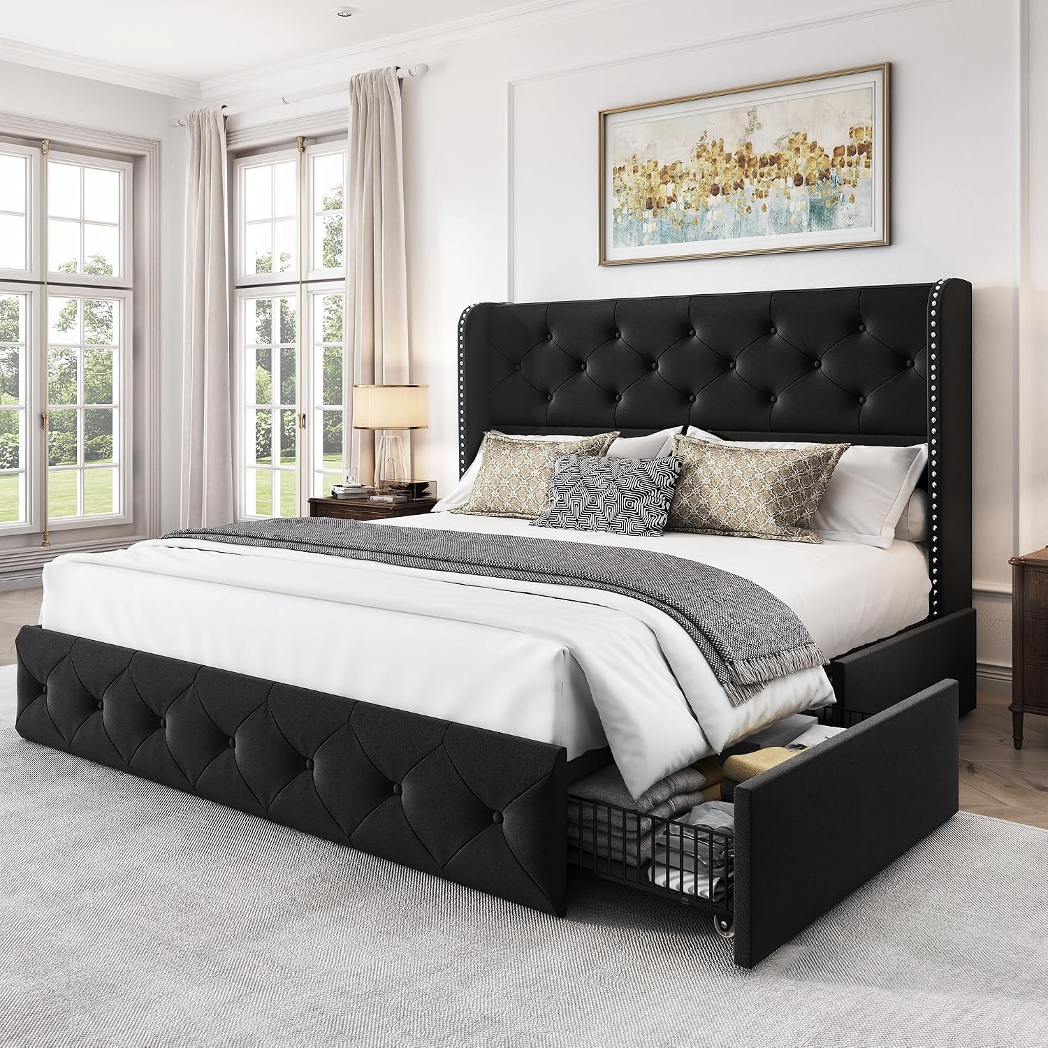 LARMACE Full Size Bed Frame with 4 Storage Drawers and Wingback Headboard Velvet Upholstered Platform Bed Frame Tufted Beds with Wooden Slats Support, Easy Assembly, Black