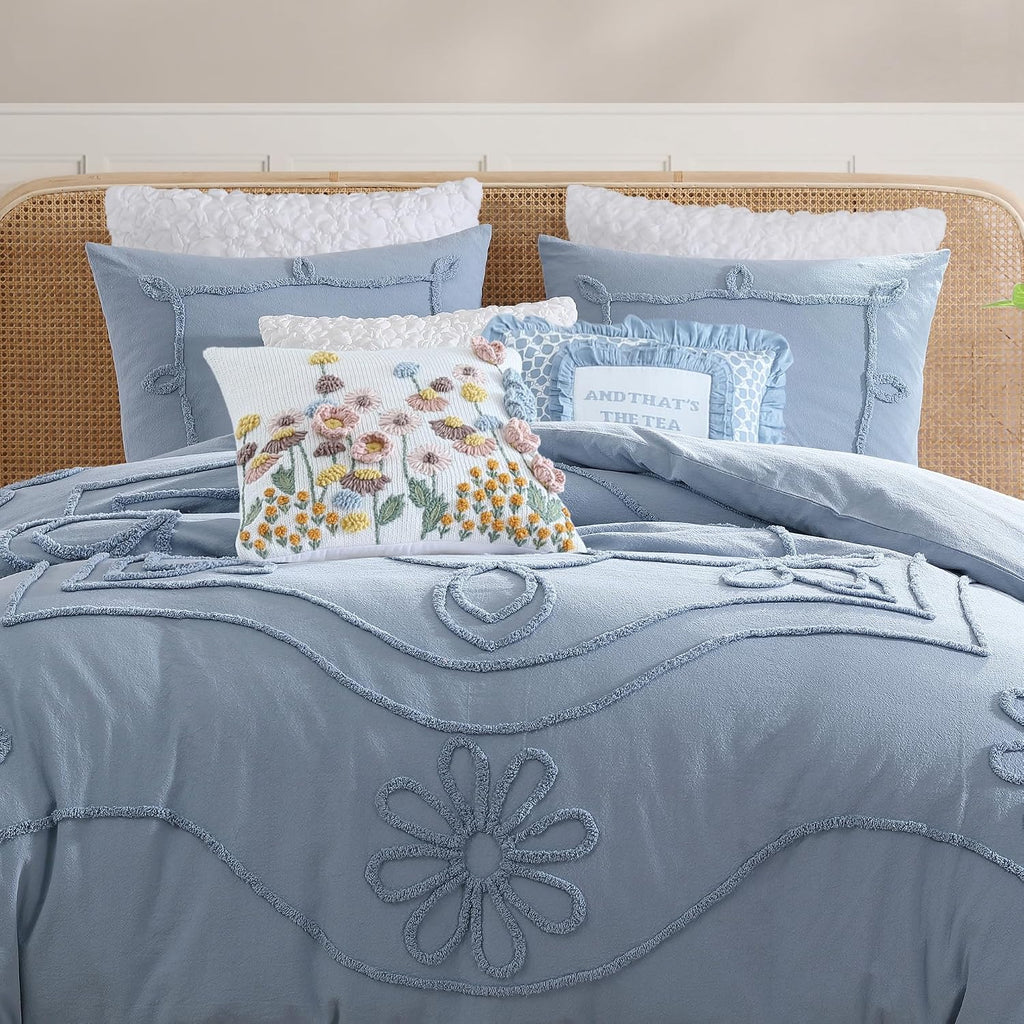 Peri Home 100% Cotton 3-Piece Comforter and Sham Set, King, Blue Retro Scroll