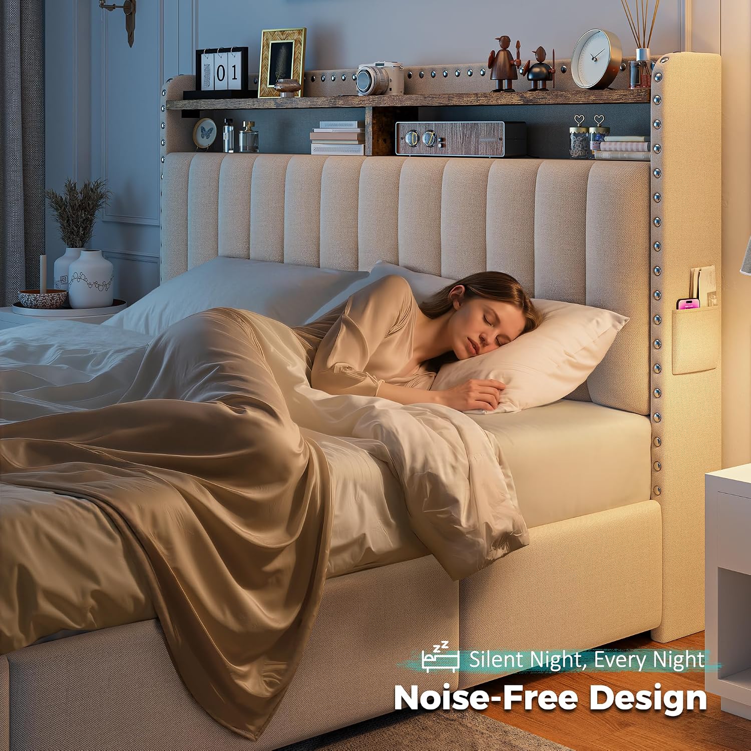 EnHomee Upholstered Full Bed Frame with 3 Storage Drawers, 2-Tier Storage Headboard, Platform Bed Frame with Wooden Slats Support, No Box Spring Needed, Beige