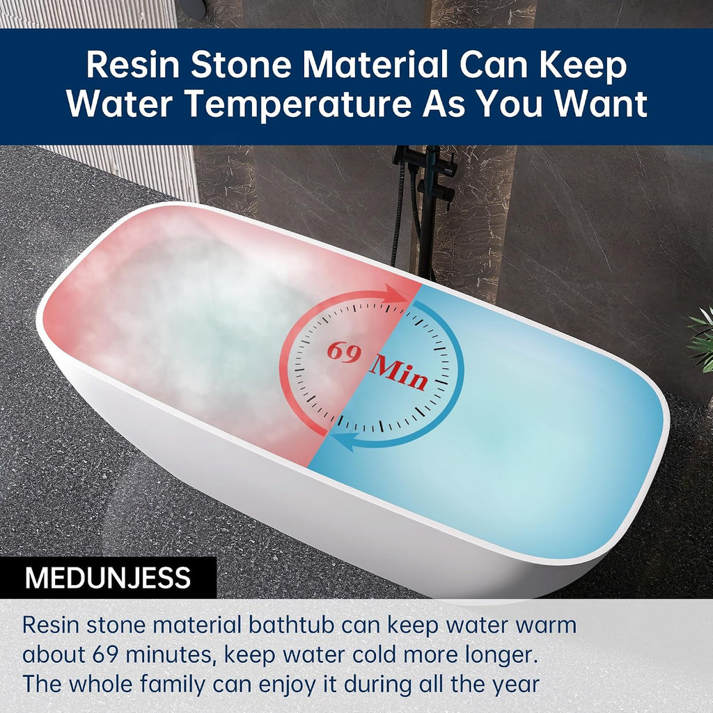 67'' Freestanding Bathtub Resin Stone Deep Soaking Tubs Solid Surface Matte Tub with Overflow and Pop-up Drain