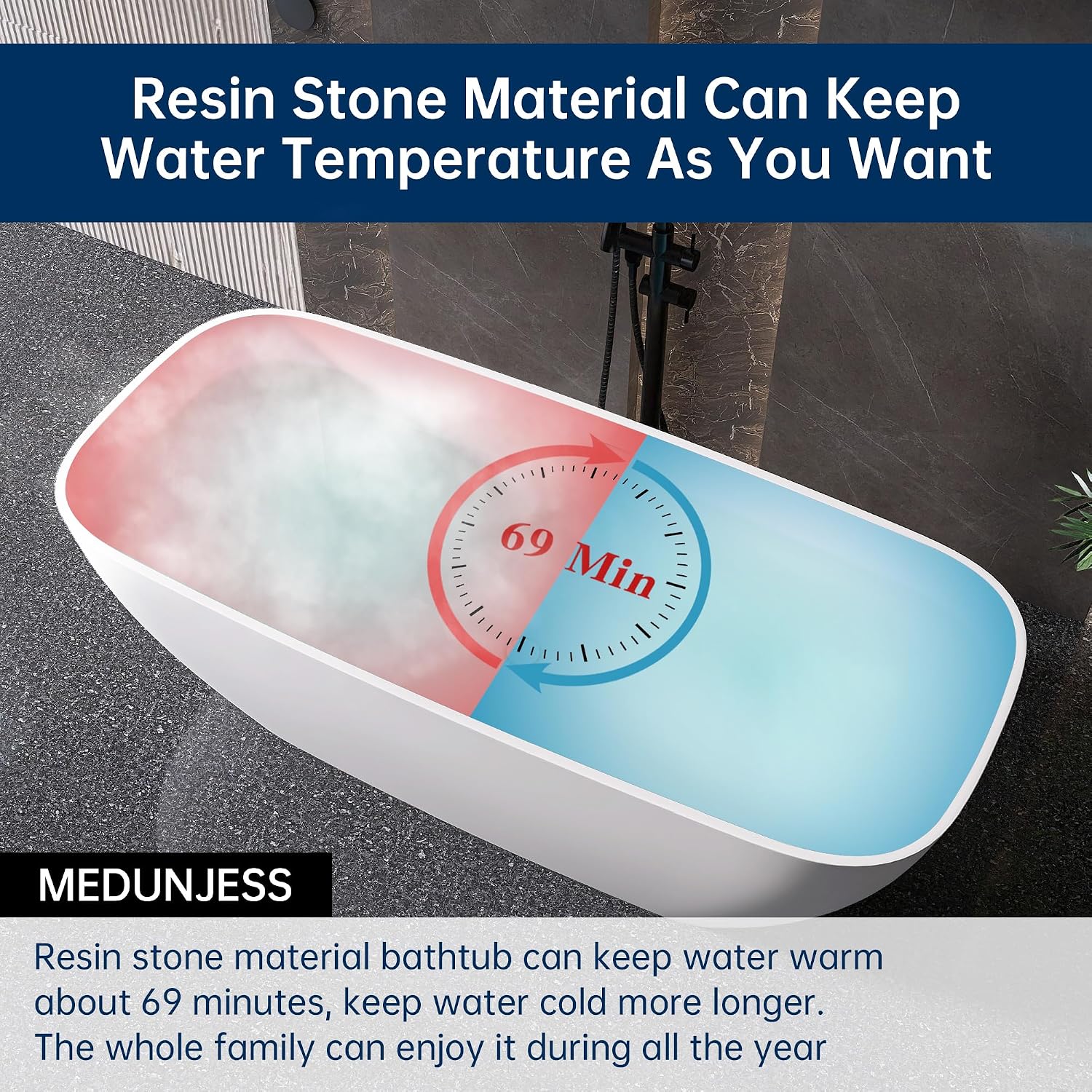 67'' Freestanding Bathtub Resin Stone Deep Soaking Tubs Solid Surface Matte Tub with Overflow and Pop-up Drain