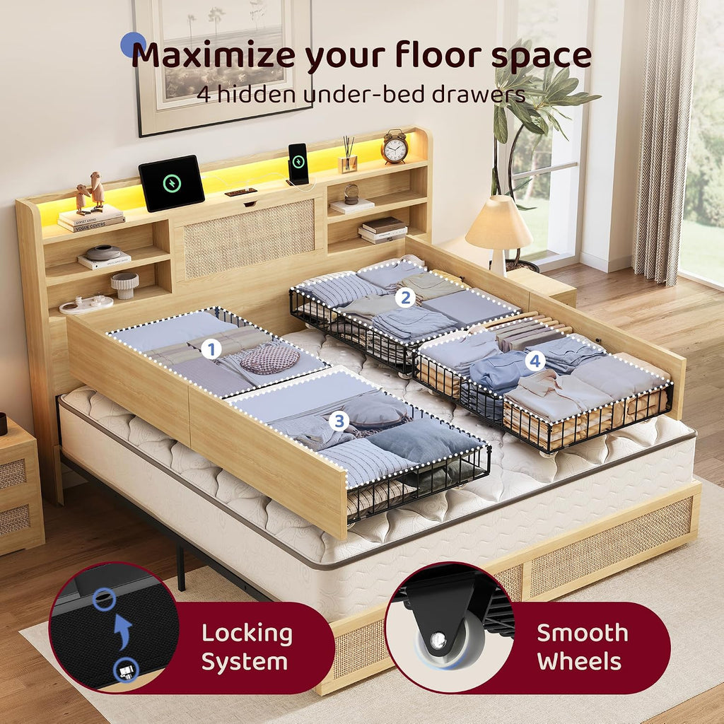 BRELTAM King Size Rattan Bed Frame with 4 Storage Drawers and 51.3' Tall Hidden Storage Headboard Wooden Platform Bed Frame with LED Lights and Charging Station, No Box Spring Needed, Natural