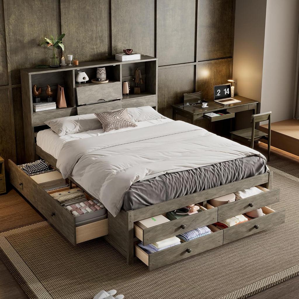 Queen Size Platform Bed with Storage Headboard, Solid Wood Platform Bed Captain's Bed Frame with 8 Drawers, Sturdy Slats Support, Maximize Space, Grey-8r