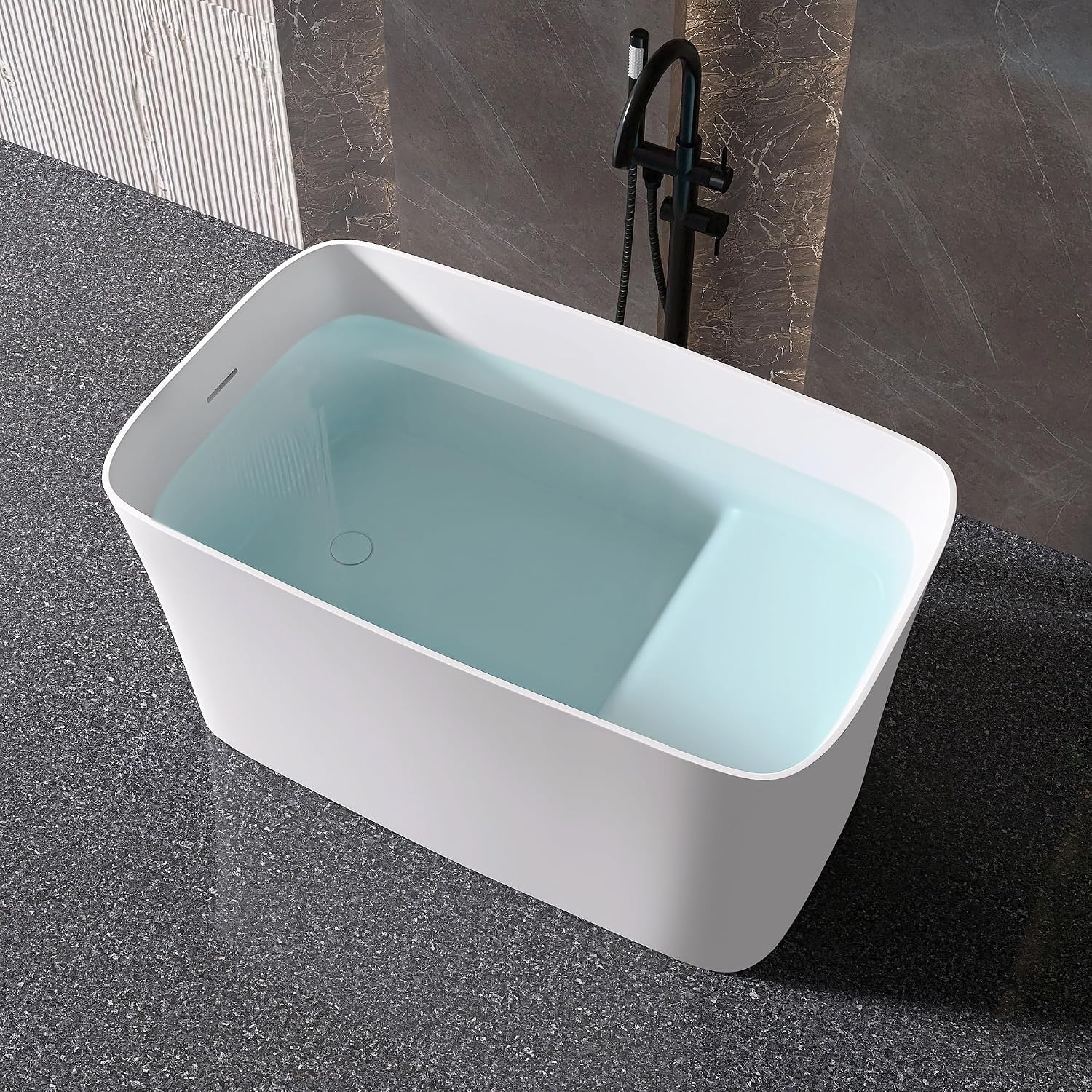 47' Stone Resin Freestanding Bathtub, Freestanding Bathtub with seat,Oval Solid Surface Japanese Soaking Bathtubs with Drain & Integrated Slotted Overflow Matte White MG003-1200