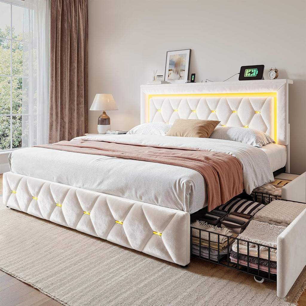 Homkdom Queen Bed Frame with 4 Storage Drawers & Adjustable Tall Headboard,Soft Velvet Bed Frame Queen Size with Smart LED Lights & Charging Station,1100LB-Heavy Duty Metal Support, Modern,Beige
