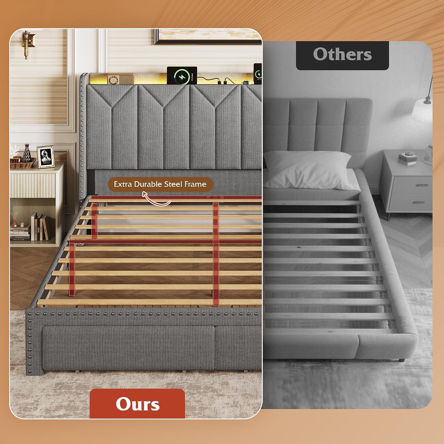WLIVE Queen Size Upholstered Bed Frame with 2 Drawers, Storage Headboard Platform Bed with Charging Station and LED Light, Sturdy Metal & Wooden Slats Support, No Box Spring Needed, Light Grey