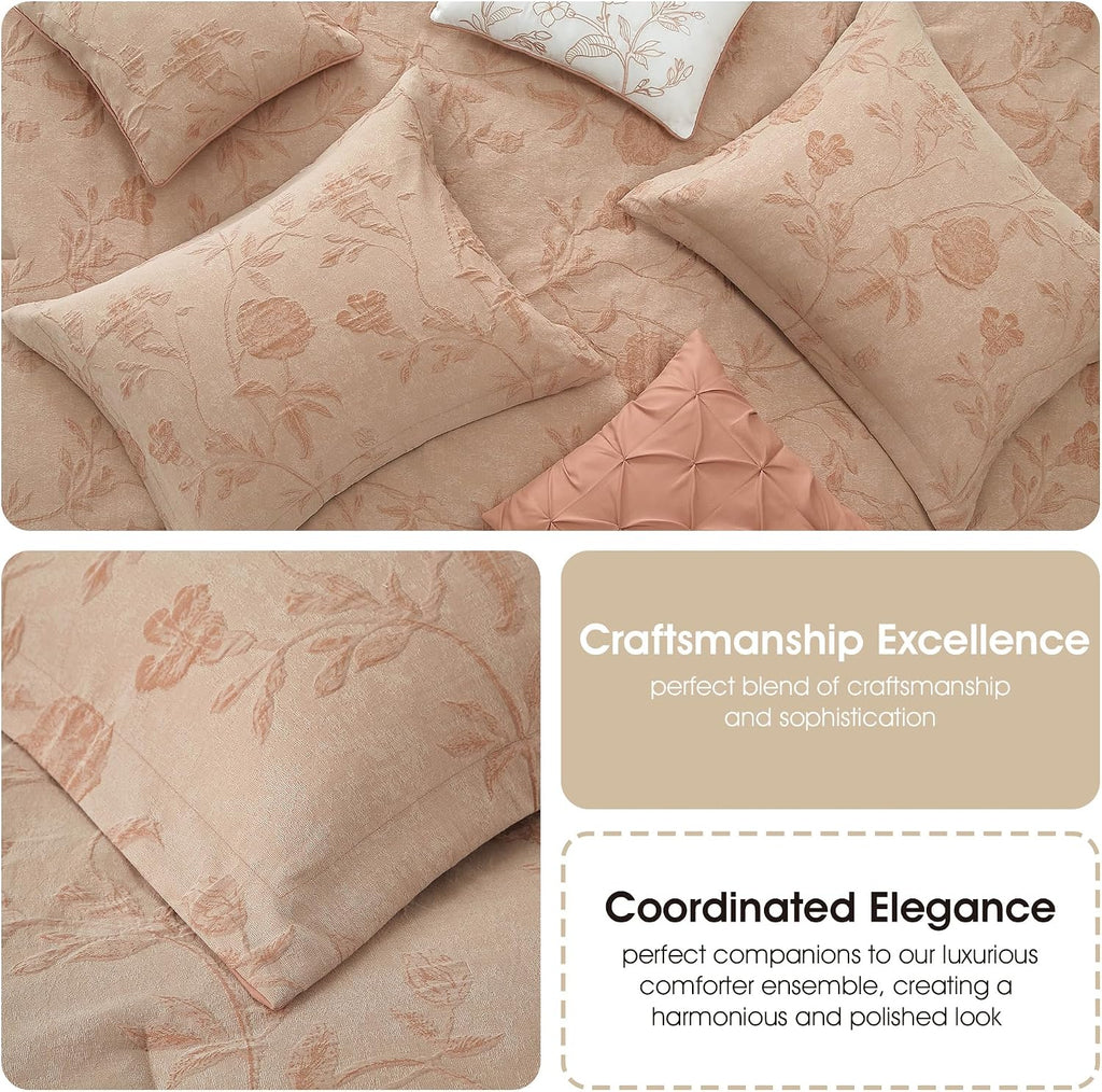 Grand Avenue Floral Comforter Set Queen Size, Blush 7 Pieces Jacquard Bedding Set, Cotton &Polyester Bedding, All Season, Bedskirt, Pillows Shams