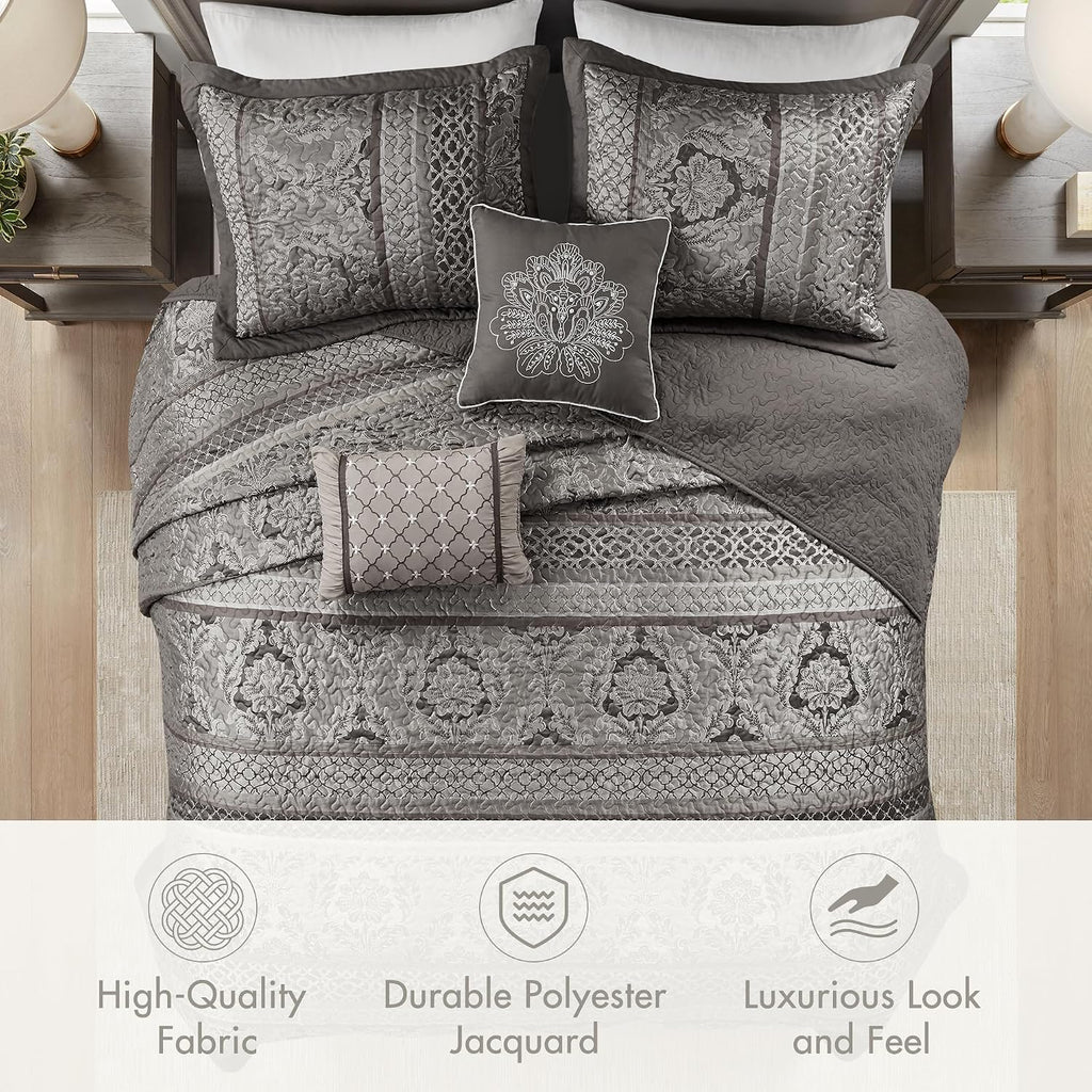 Madison Park Traditional Damask Design All Season, Lightweight Coverlet Bedspread Bedding Set, Matching Shams, Pillows, (120'x118'), Bellagio, Jacquard Grey, 5 Piece