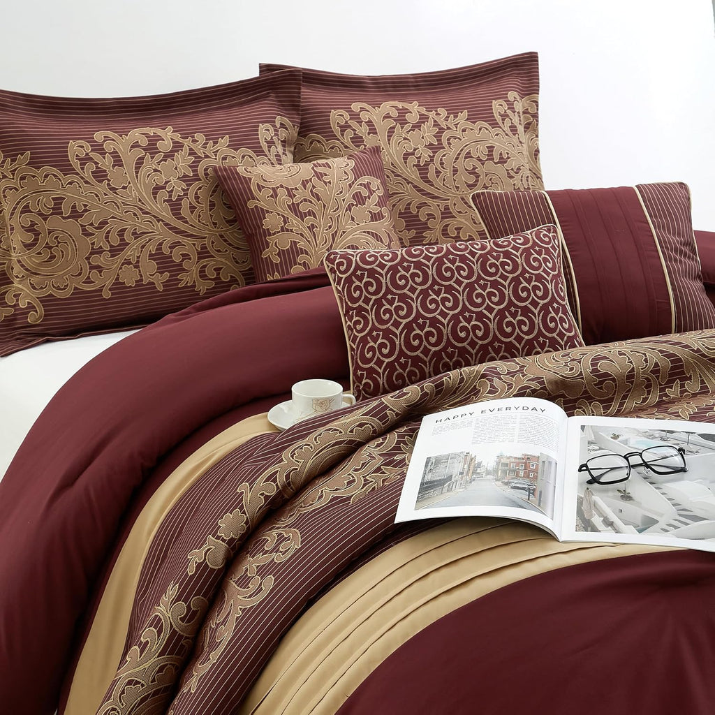 Grand Avenue Geometric Red and Gold Comforter Set California King Size, 7 Piece Jacquard Bedding Set, Ultra-Soft, Bedskirt, Pillows & Shams