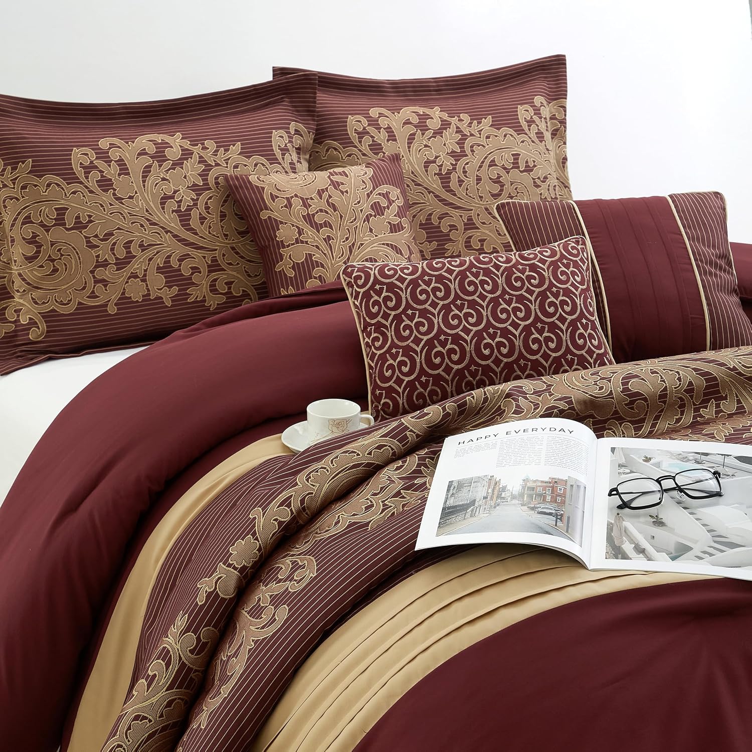 Grand Avenue Geometric Red and Gold Comforter Set California King Size, 7 Piece Jacquard Bedding Set, Ultra-Soft, Bedskirt, Pillows & Shams