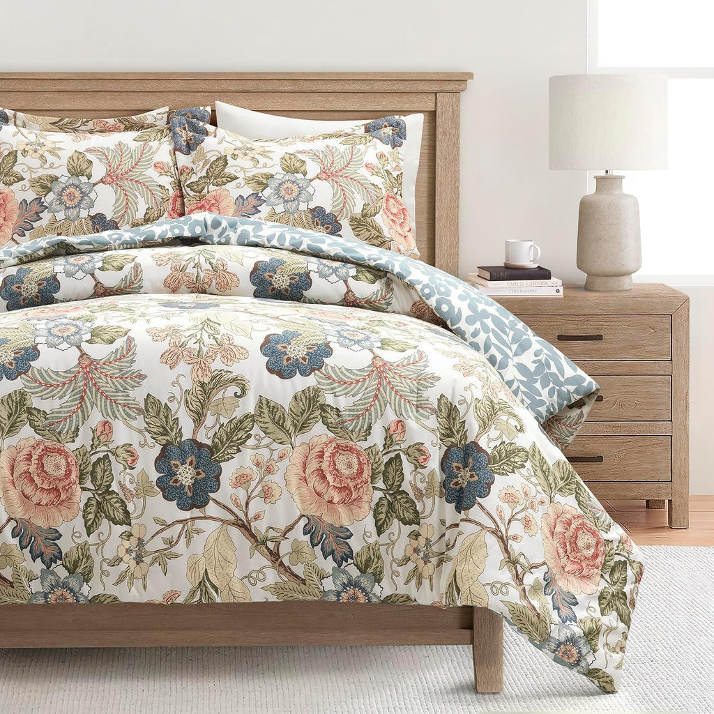 Lush Decor Sydney Floral Reversible Comforter Queen Size 3 Piece Set Full/Queen Green & Blue - Floral Bedding Set Queen Comforter Floral - Vintage Decor