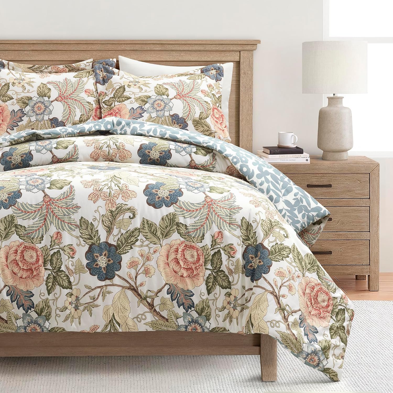 Lush Decor Sydney Floral Reversible Comforter Queen Size 3 Piece Set Full/Queen Green & Blue - Floral Bedding Set Queen Comforter Floral - Vintage Decor