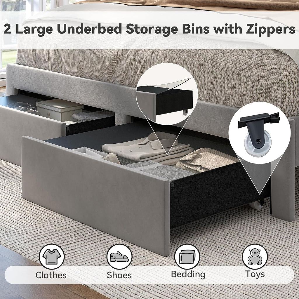 Torana Full LED Bed Frame with 2 Drawers, 53' Tall Platform Beds with Galaxy Star Projector Charging Station, Velvet Upholstered Diamond Tufted Aurora Bedframe with Storage Headboard, Grey