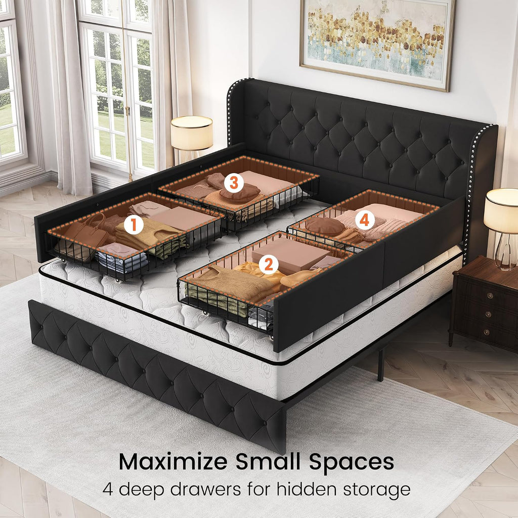 LARMACE King Size Bed Frame with 4 Storage Drawers and 47.2' Tall Tufted Headboard Velvet Upholstered Platform Bed Frame Wingback Beds with Wooden Slats Support, Easy Assembly, Black