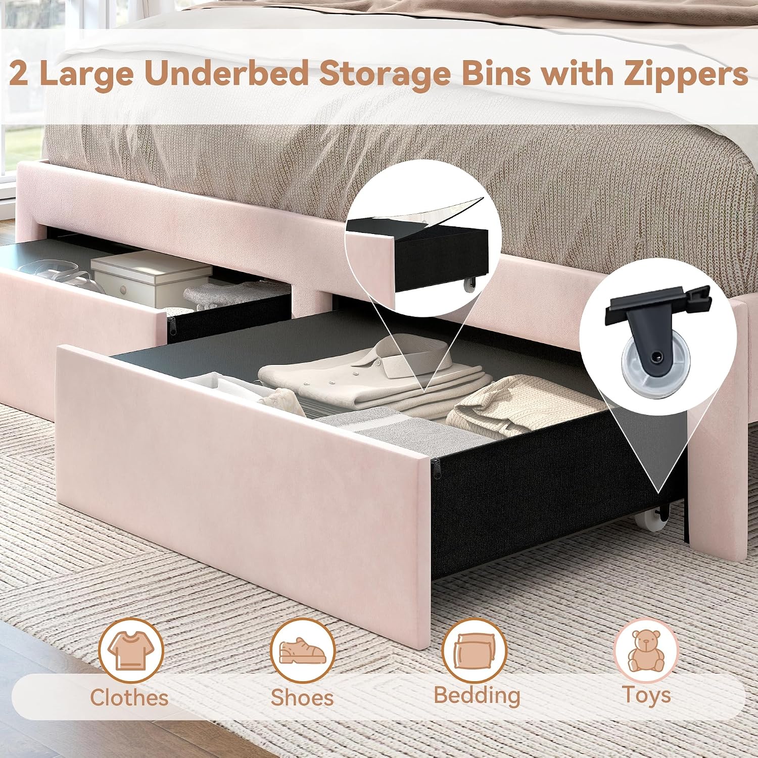 Torana Full LED Bed Frame with 2 Drawers, 53' Tall Platform Beds with Galaxy Star Projector Charging Station, Velvet Upholstered Diamond Tufted Aurora Bedframe with Storage Headboard, Pink