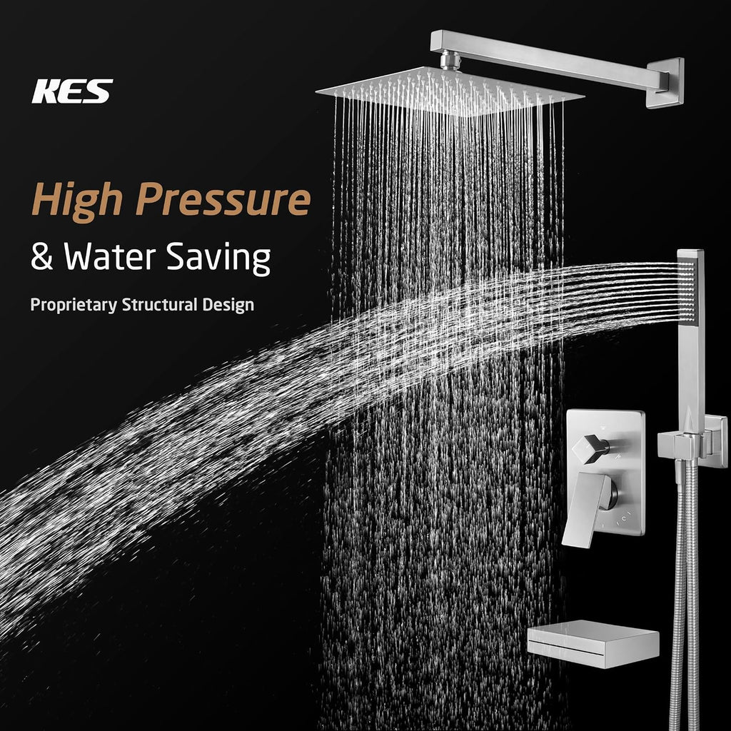 KES Bathtub Shower Faucet Set with Waterfall Tub Spout Bathroom Sink Drain with Strainer Basket Hair Catcher, XBN6305-BN+S2013A-BN-NEW