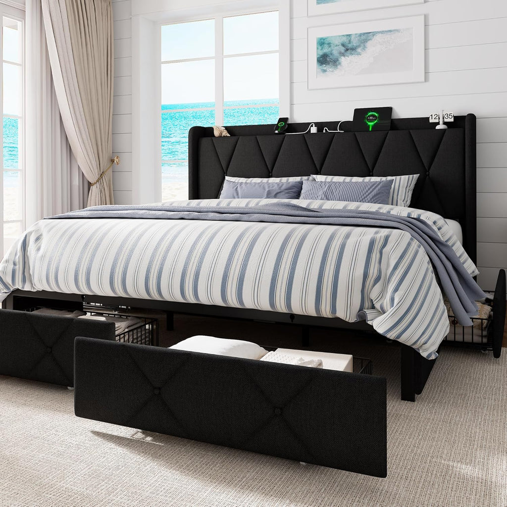 GalnFu King Bed Frame with 4 Storage Drawers, Upholstered Platform Bed with Charging Station, Modern Wingback Storage Headboard, Easy Assembly,Noise-Free, Black