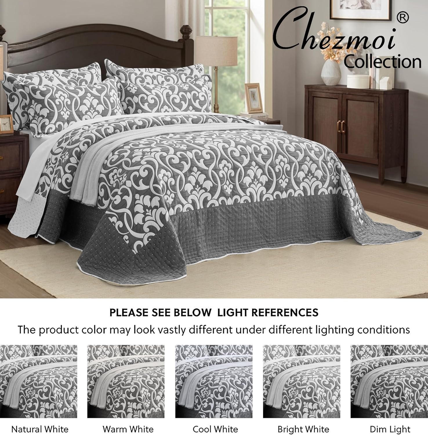 Chezmoi Collection Oversized Bedspread 128x120, Jacquard Matelasse Floral Damask Design, 5-Piece Lightweight Reversible Microfiber Coverlet Set Textured Dot Border, Super King, Dark Gray/White
