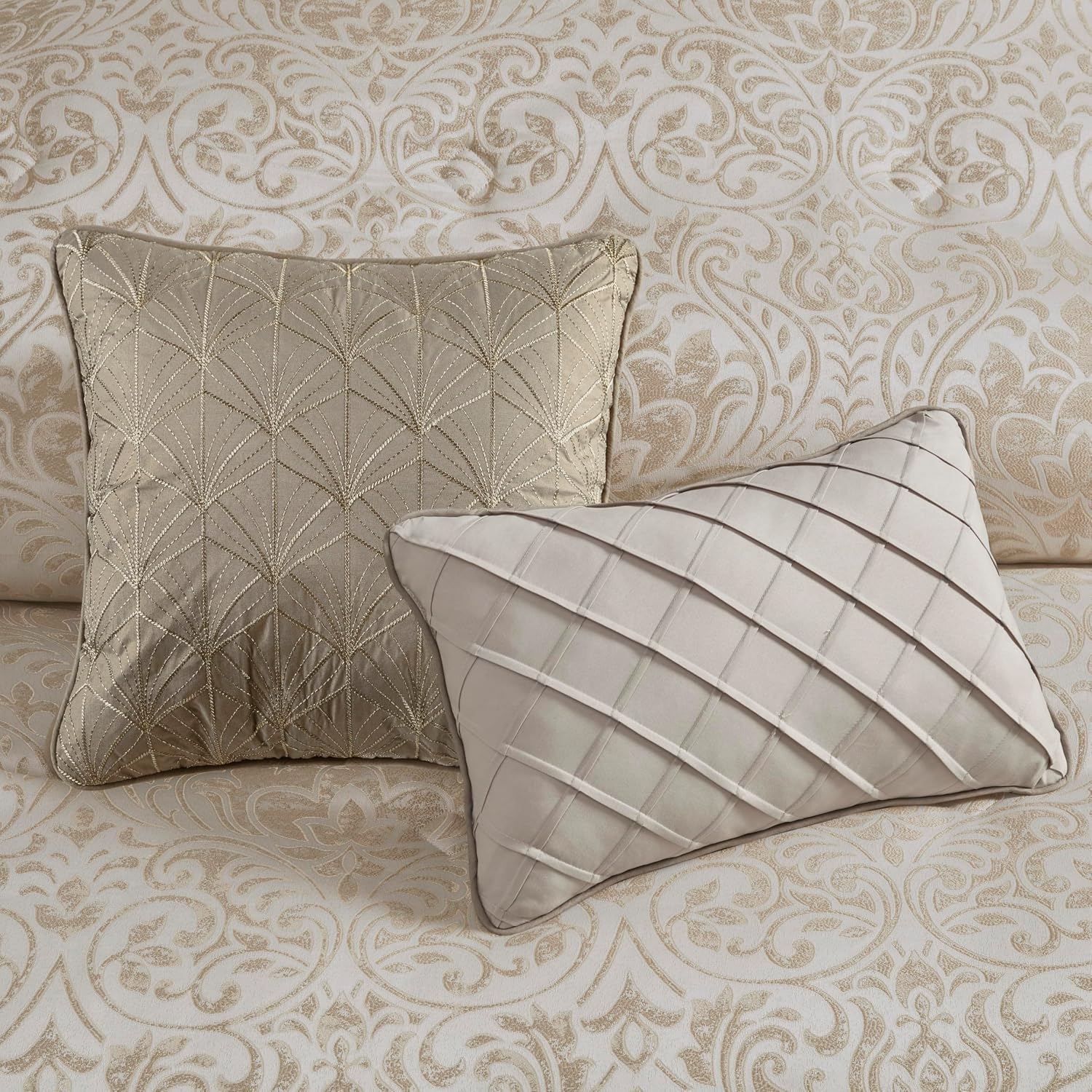 Madison Park Emilia Bed in a Bag Comforter Set with Sheets, Gold Metallic Jacquard Damask Design, Traditional, All Season Bedding Includes Bedskirt, Shams, Toss Pillows, King Khaki/Gold 12 Piece