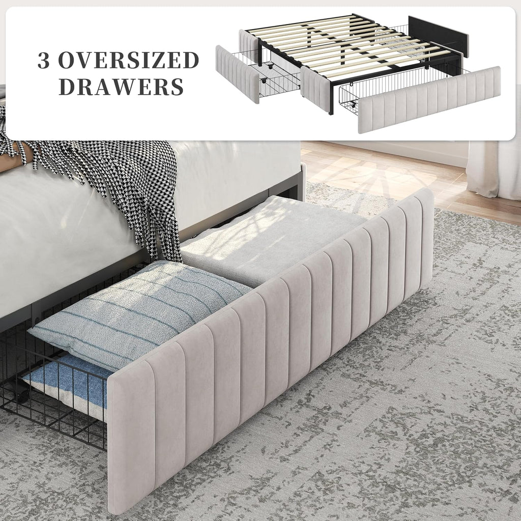 Yaheetech Full Bed Frame Upholstered Platform Bed with 3 Storage Drawers, Large Storage Space/Strong Wooden Slats/Non-Slip and Noise-Free/No Fixed Headboard/No Box Spring Needed/Beige Full Bed