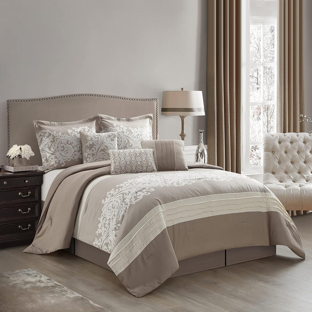 Grand Avenue Taupe Cal King Comforter Set, 7 Piece, Bedding Sets & Collections, Pillow Shams Bedskirt, Jacquard Floral Beddings