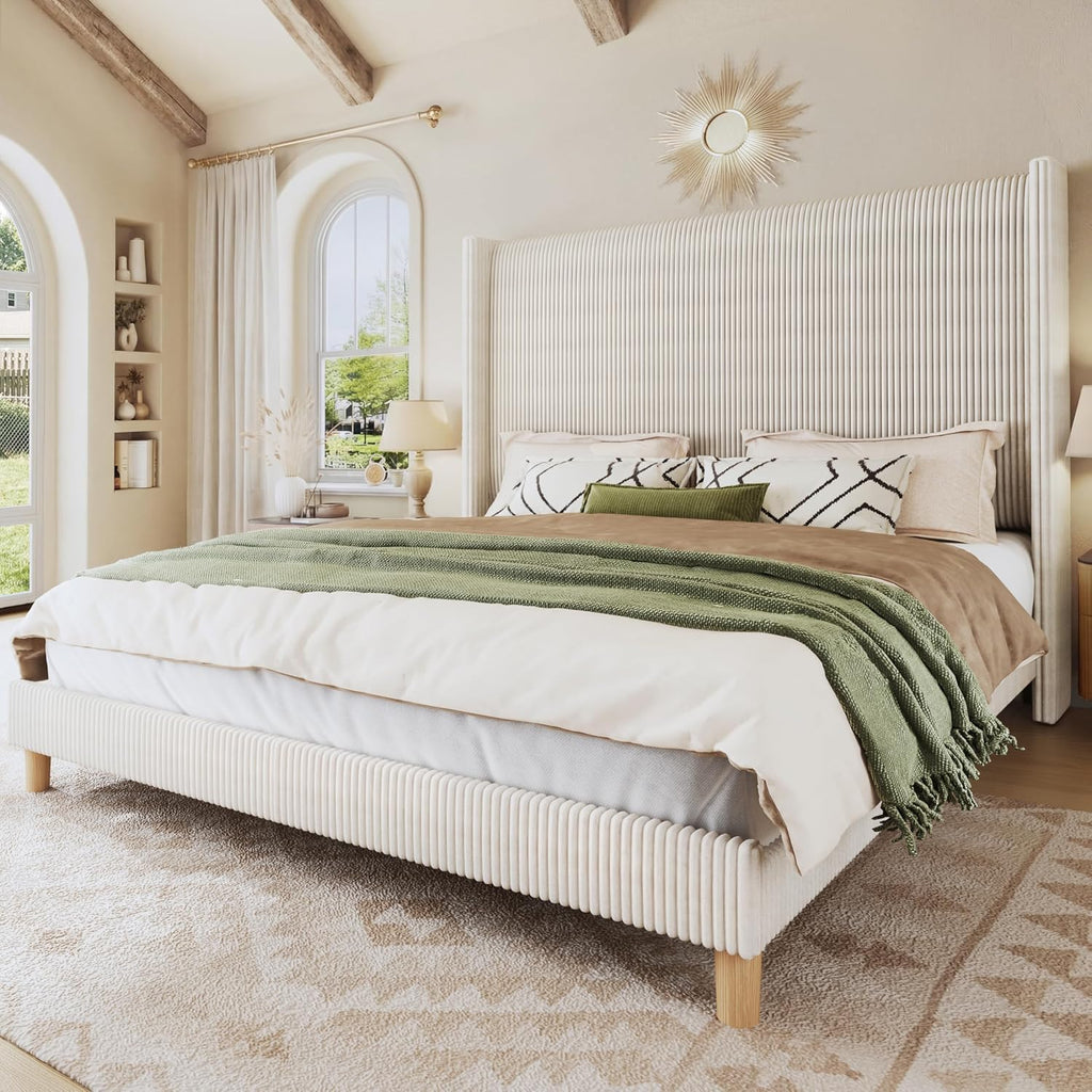 HUAHUU Queen Bed Frame with 51.2' Tall Headboard, Corduroy Upholstered Bed Frame with Wingback, Platform Bed with Wooden Slats Support, Easy Assembly, No Box Spring Needed, Beige