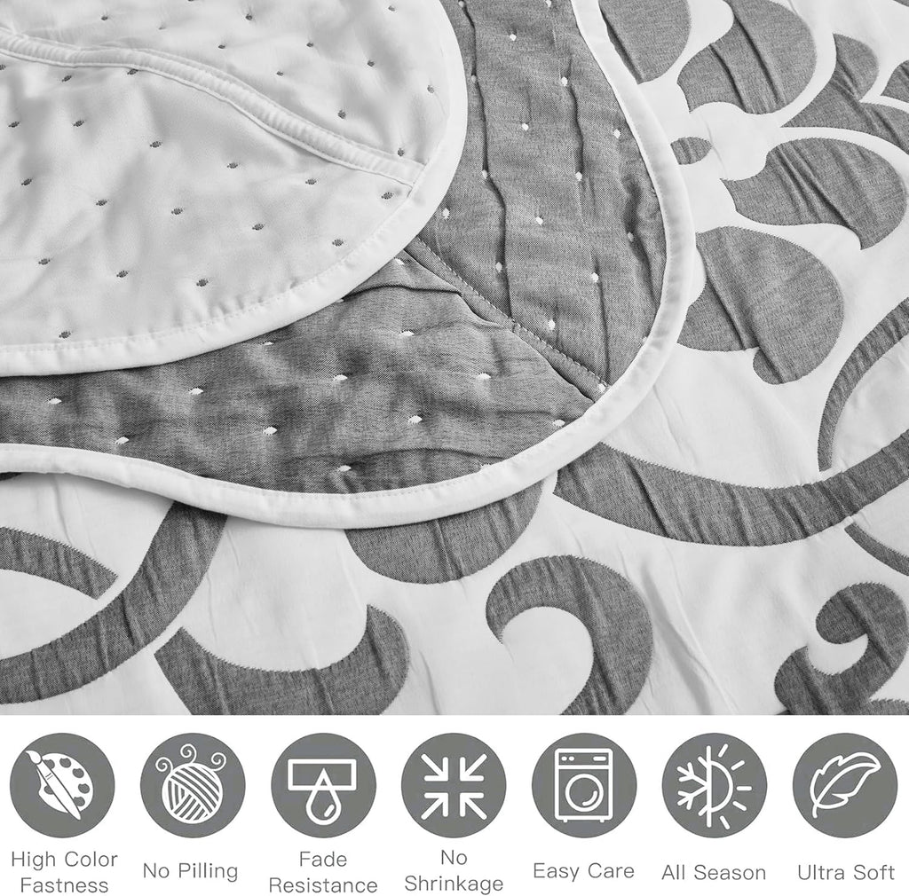 Chezmoi Collection Oversized Bedspread 128x120, Jacquard Matelasse Floral Damask Design, 5-Piece Lightweight Reversible Microfiber Coverlet Set Textured Dot Border, Super King, Dark Gray/White