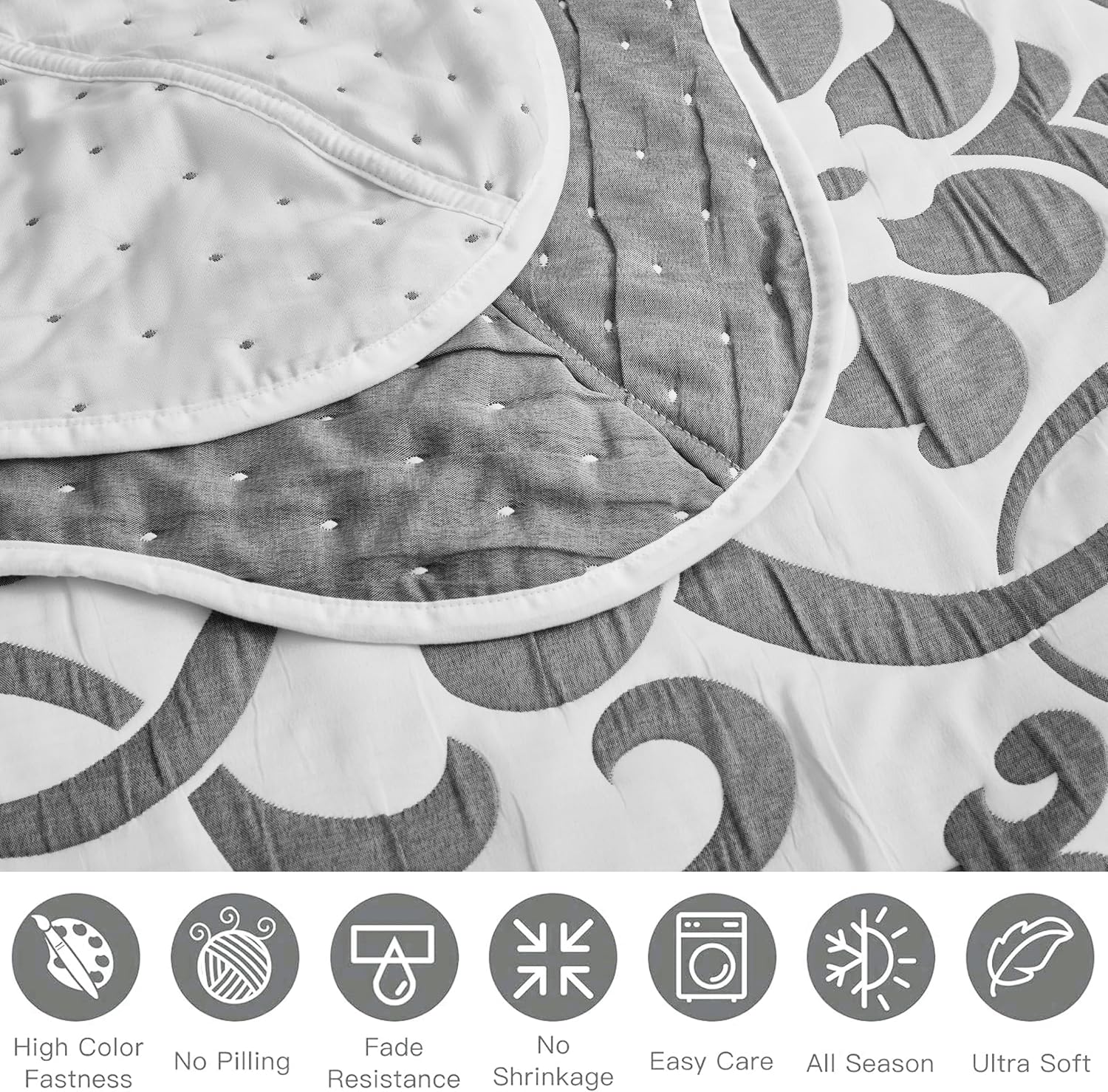 Chezmoi Collection Oversized Bedspread 128x120, Jacquard Matelasse Floral Damask Design, 5-Piece Lightweight Reversible Microfiber Coverlet Set Textured Dot Border, Super King, Dark Gray/White