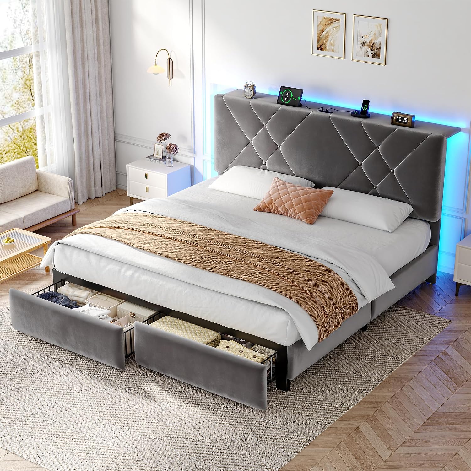 EnHomee Queen Size Platform Bed Frame with Adjustable Headboard and LED Lights, Button Tufted Velvet Headboard with Charging Station, No Box Spring Needed,Easy Assembly，Grey
