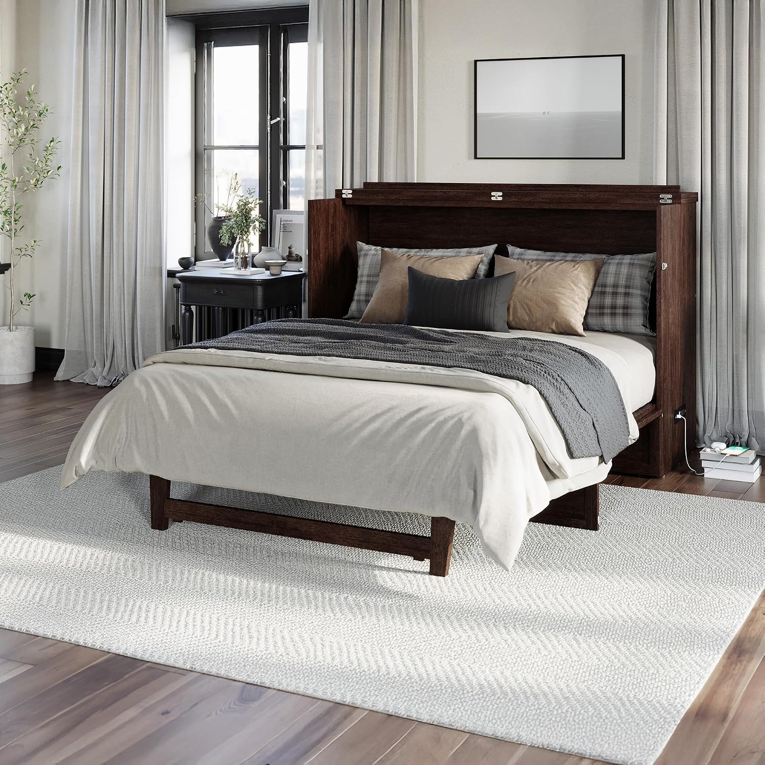 AFI, Northfield Murphy Bed Chest Queen with 6' Mattress, Storage Drawer & Built-in USB Charger, Burnt Amber