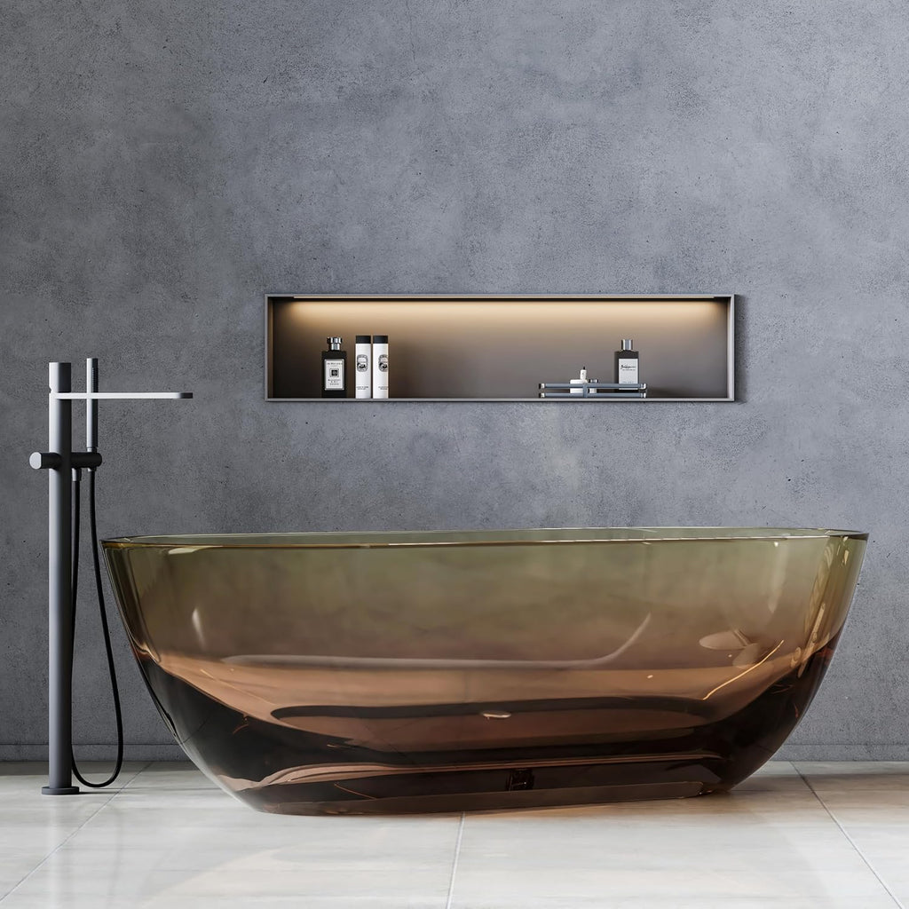 69'' Resin Soaking Bathtub Transparent Oval Freestanding Tub Deep Soaking Bathtub Modern Tubs with Overflow and Pop-up Drain in Brown