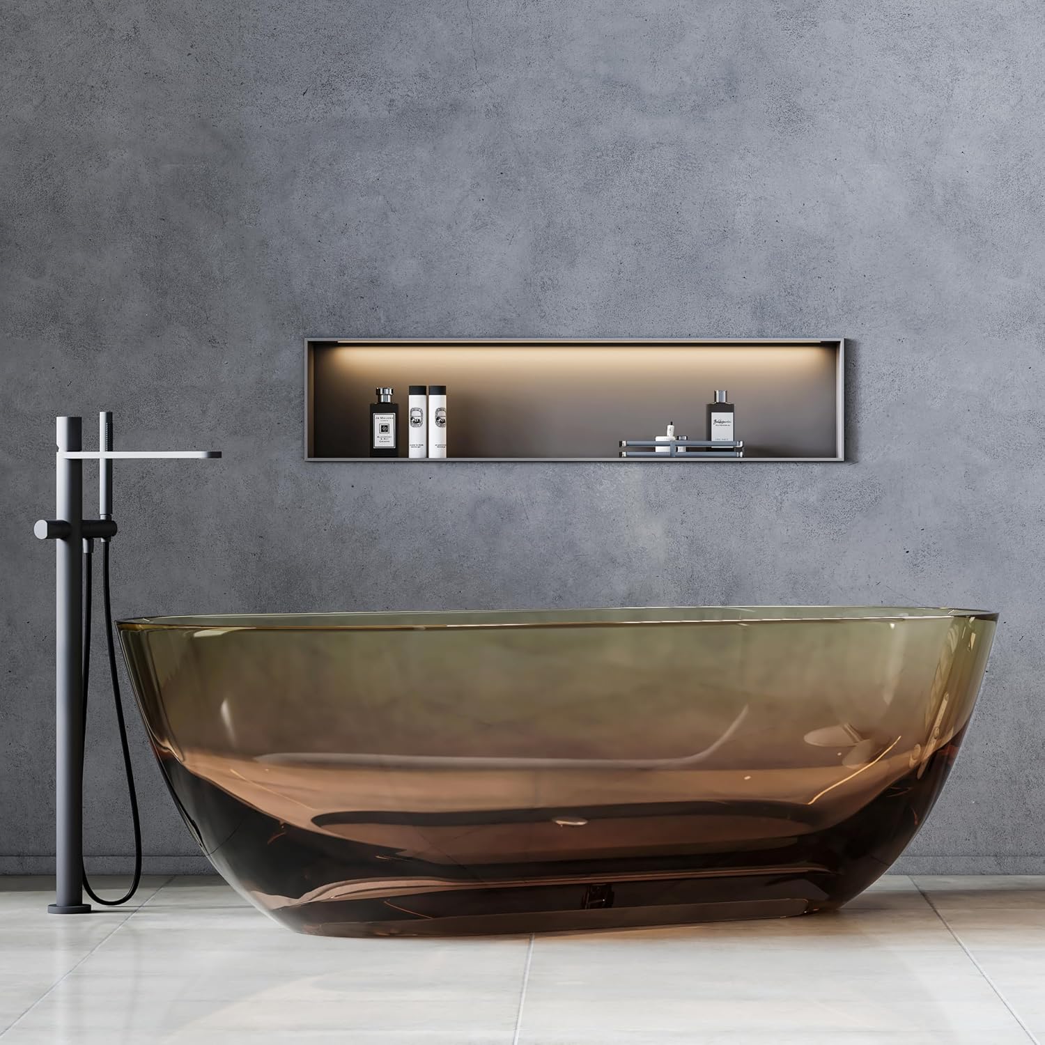69'' Resin Soaking Bathtub Transparent Oval Freestanding Tub Deep Soaking Bathtub Modern Tubs with Overflow and Pop-up Drain in Brown