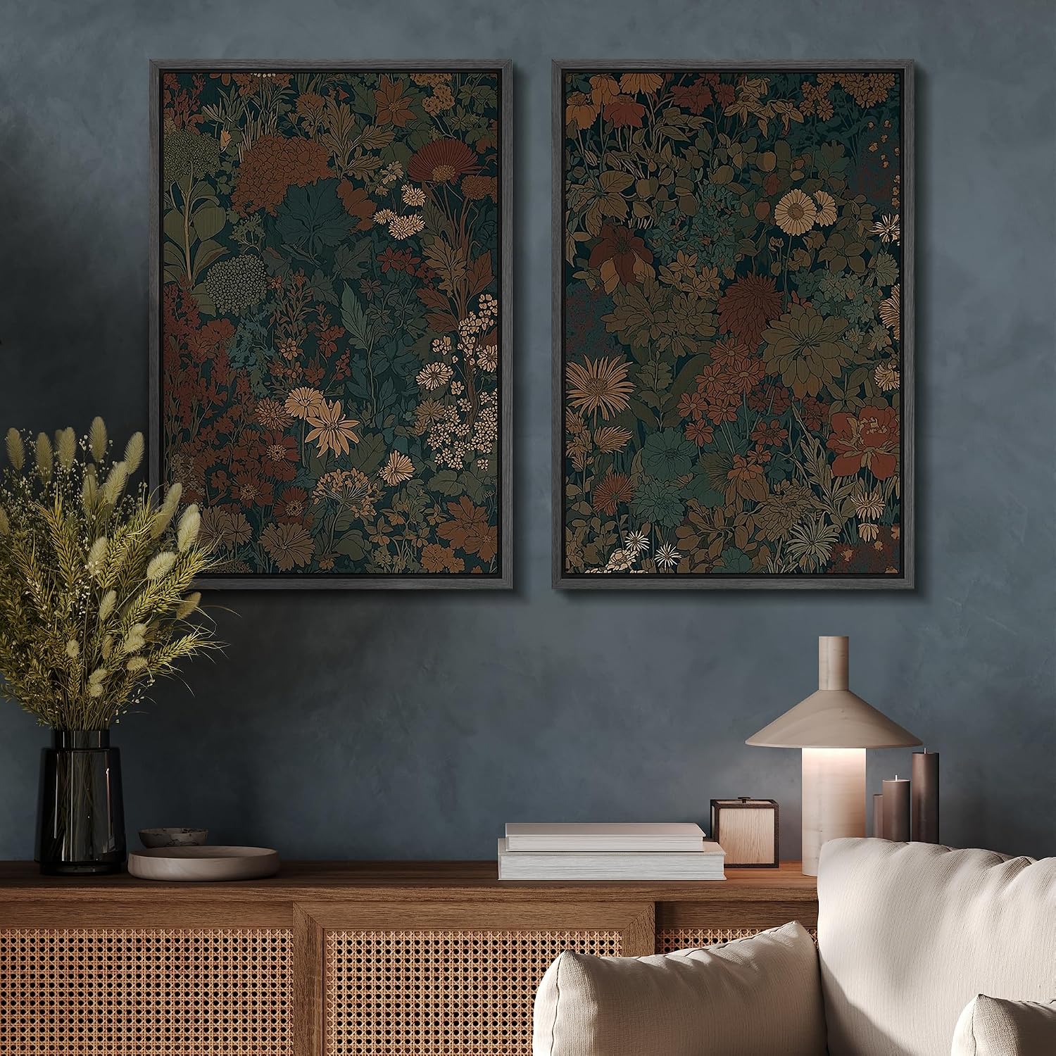 SIGNFORD Framed Canvas Print Wall Art Set Vintage Botanical Floral Dark Green and Rust Toned Illustration Modern Art Decorative Nordic Nature for Living Room, Bedroom, Office - 24'x36'x2 Black