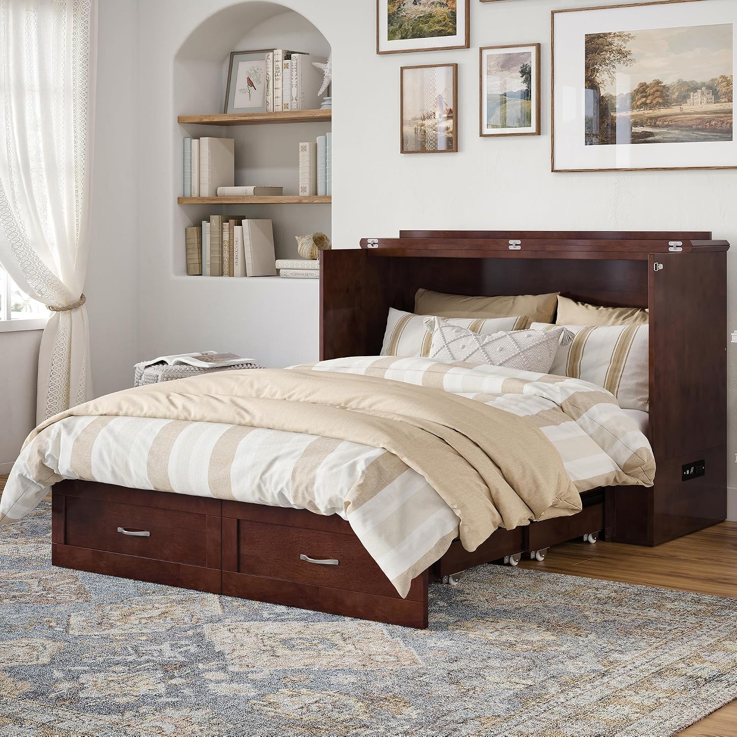 AFI Hamilton Full Murphy Bed Chest with Mattress, Storage, and Built-in Charger in Walnut