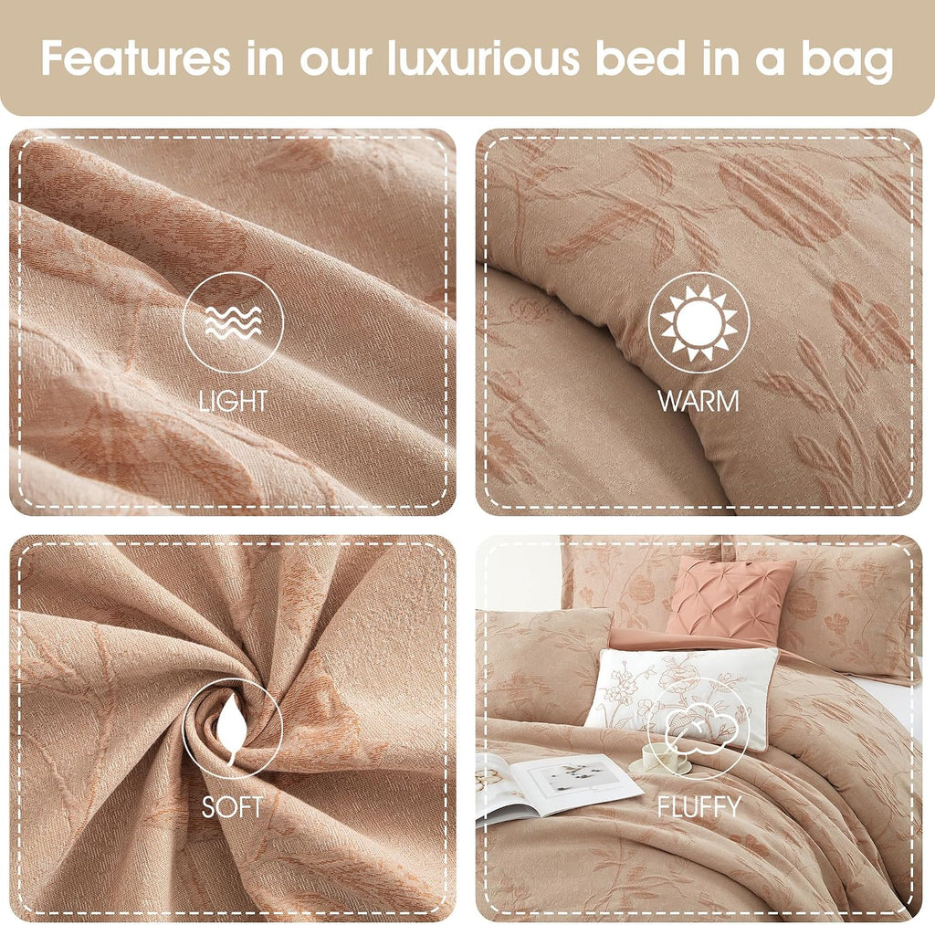 Grand Avenue Floral Comforter Set Queen Size, Blush 7 Pieces Jacquard Bedding Set, Cotton &Polyester Bedding, All Season, Bedskirt, Pillows Shams
