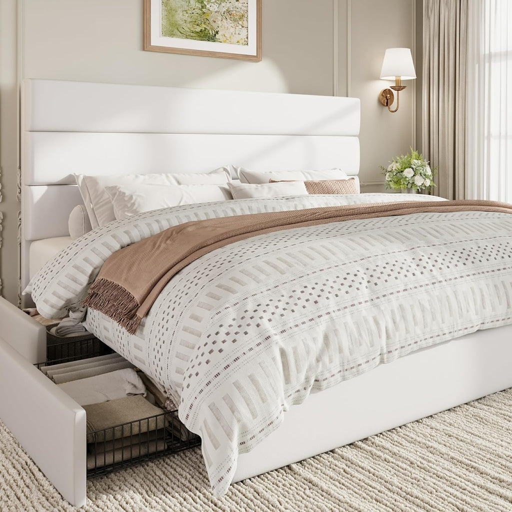 SHA CERLIN King Size Platform Bed Frame with 4 Storage Drawers, Velvet Upholstered Headboard, Mattress Foundation with Wooden Slats Support, No Box Spring Needed, Easy Assembly, White