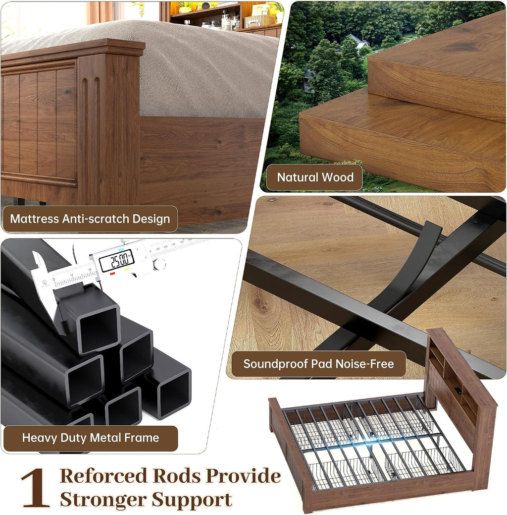 EnHomee Full Size Bed Frame with Storage, Full Bed Frame with 4 Drawers Charging Port & LED, Full Size Bed Frame with Headboard Built in Charging Station,No Box Spring Needed,NO Noise,Vintage Brown