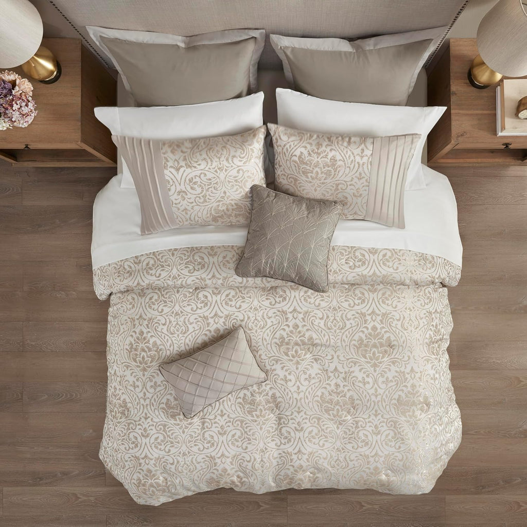 Madison Park Emilia Bed in a Bag Comforter Set with Sheets, Gold Metallic Jacquard Damask Design, Traditional, All Season Bedding Includes Bedskirt, Shams, Toss Pillows, King Khaki/Gold 12 Piece
