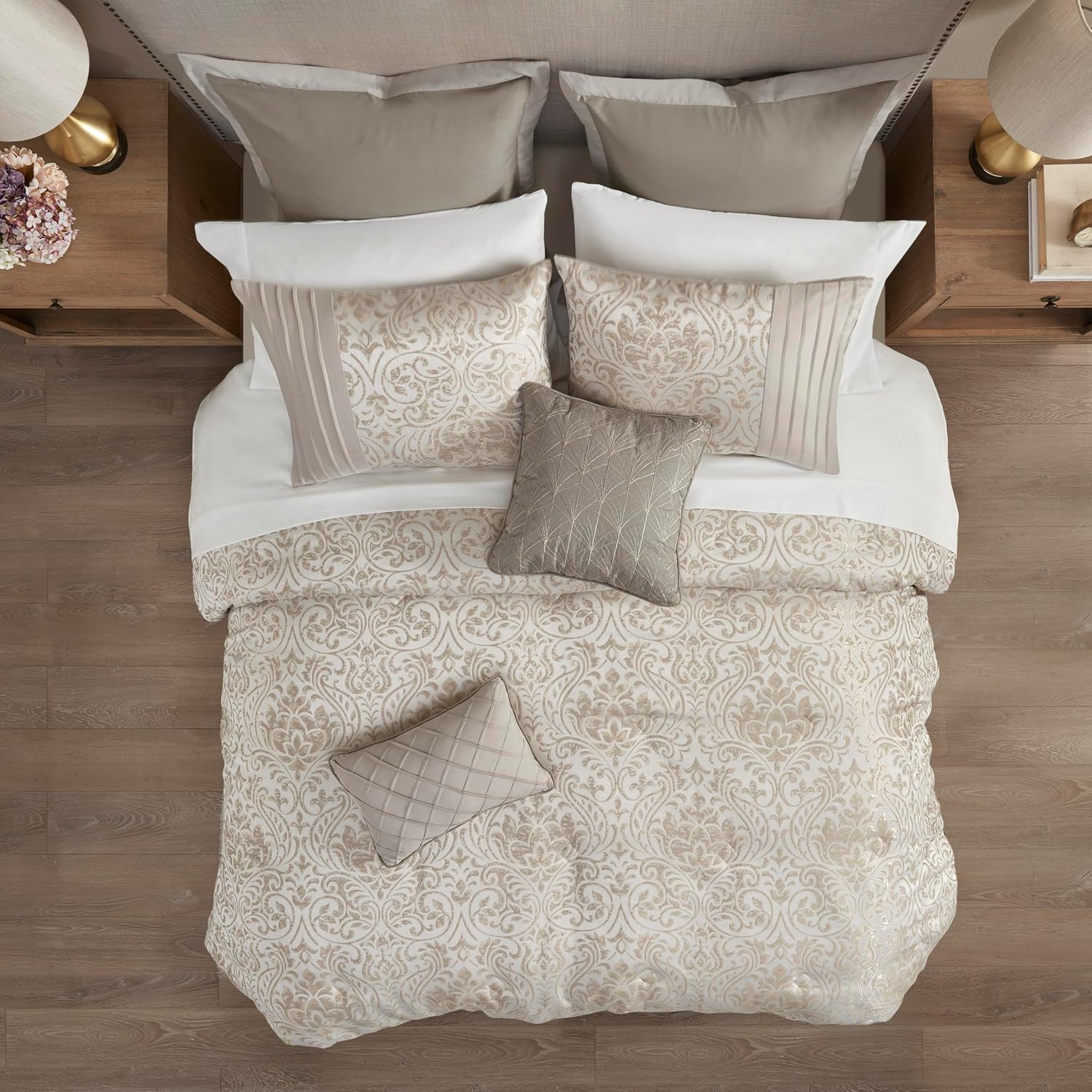 Madison Park Emilia Bed in a Bag Comforter Set with Sheets, Gold Metallic Jacquard Damask Design, Traditional, All Season Bedding Includes Bedskirt, Shams, Toss Pillows, Cal King Khaki/Gold 12 Piece
