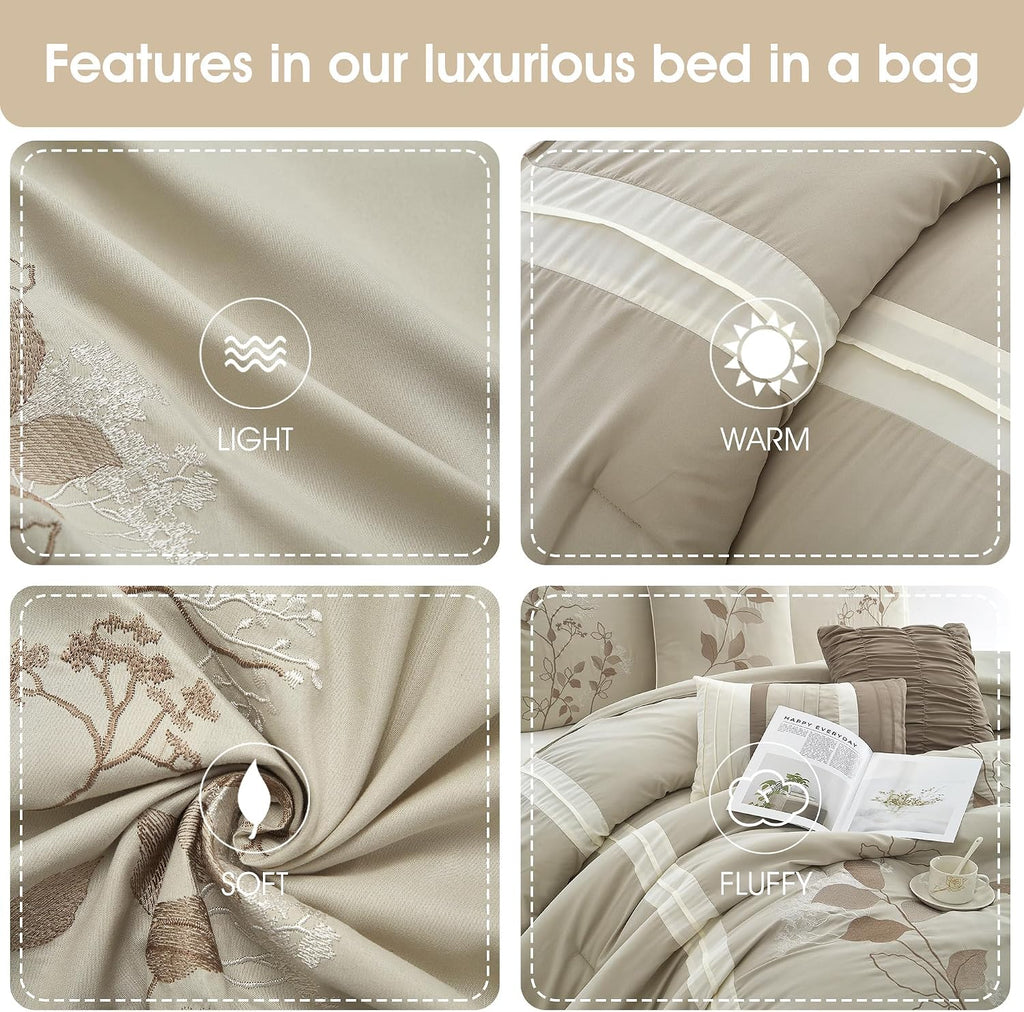Grand Avenue Beige Comforter Set King Size, 7 Piece Embroidery Bedding Set, Pillow Sham, Bedskirt, Decorative Pillow, Floral Comforters, Home Decor
